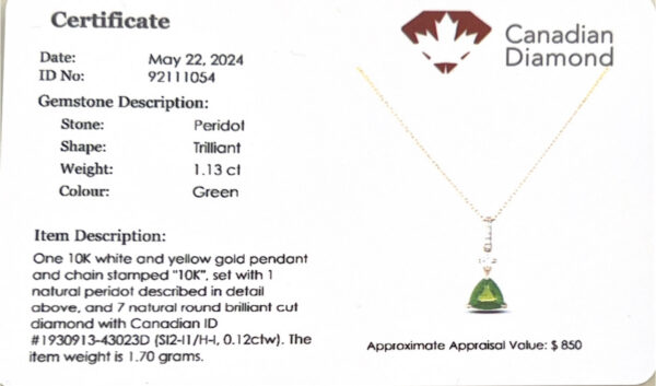 Trilliant Cut Peridot and Canadian Diamond Pendant in White and Yellow Gold