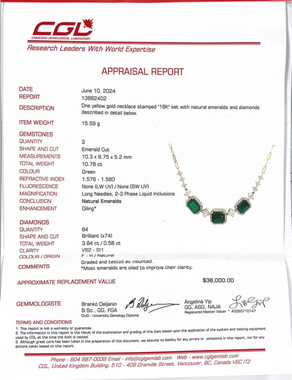 Natural Emerald and Diamond Curve Pendant With Paperclip Chain in 18K Yellow Gold