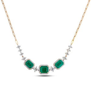 Natural Emerald and Diamond Curve Pendant With Paperclip Chain in 18K Yellow Gold