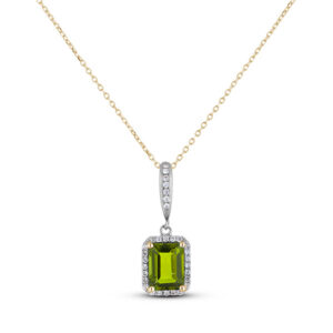 Emerald Cut Peridot and Canadian Diamond Halo Pendant in White and Yellow Gold