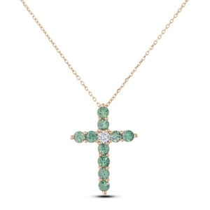 Green Sapphire And Canadian Diamond Cross Pendant In 14K Yellow Gold