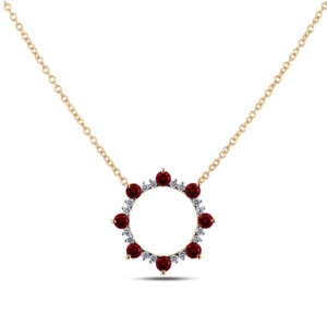 Canadian Diamond and Ruby Starburst Circle Necklace in Yellow Gold