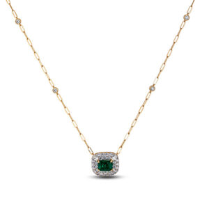 Natural Emerald And De Beers Forevermark Diamond Double Halo Pendant in 18K Yellow Gold