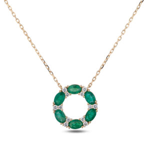Oval Shaped Brazilian Emerald and Canadian Diamond Circle Pendant in Yellow Gold