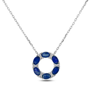 Oval Shaped Australian Sapphire and Canadian Diamond Circle Pendant in White Gold