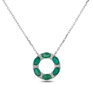 Oval Shaped Brazilian Emerald and Canadian Diamond Circle Pendant in White Gold