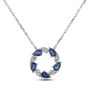 Pear Shape Sapphire And Canadian Diamond Circle Necklace In White Gold