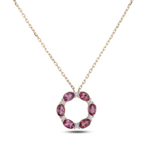 Oval Shaped Pink Tourmaline and Diamond Circle Pendant in Yellow Gold