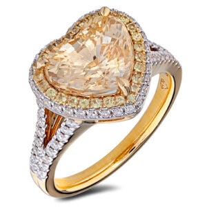 Heart Shape Citrine Double Halo Ring with Yellow Sapphire and Diamonds in 18K Yellow Gold