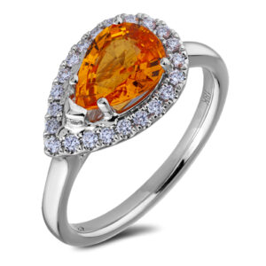 Pear Shape Yellow Sapphire and Diamond Halo Ring in 18K White Gold