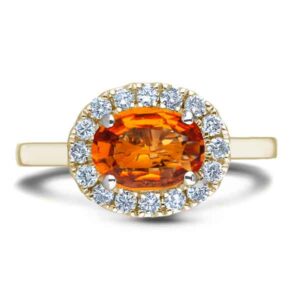 Oval Shape Orange Yellow Sapphire and Diamond Halo Ring in 14K Yellow Gold
