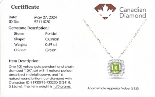 Cushion Cut Peridot and Canadian Diamond Halo Pendant in Yellow Gold