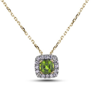 Cushion Cut Peridot and Canadian Diamond Halo Pendant in Yellow Gold