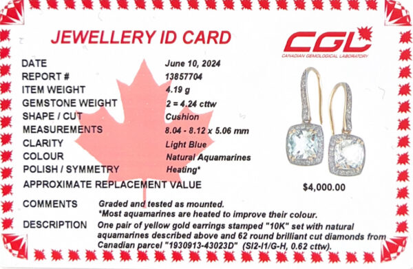 Aquamarine and Canadian Diamond Halo Hook Dangle Earrings in Yellow Gold