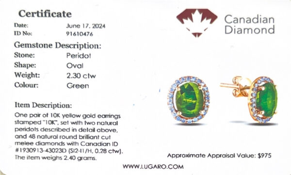 Oval Cut Peridots and Canadian Diamond Halo Earrings in Yellow Gold