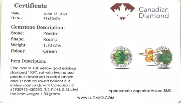 Peridot and Canadian Diamond Halo Earrings in Yellow Gold