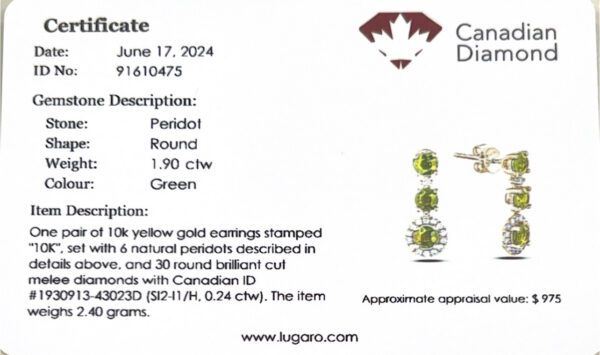 Peridots and Diamond Three Stone Dangle Earrings in Yellow Gold