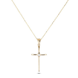 Bezel Set Solitaire Diamond Cross Necklace in Yellow Gold