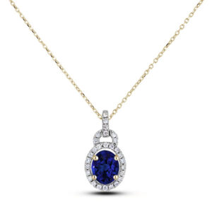 Oval Sapphire and Canadian Diamond Halo Pendant in White and Yellow Gold