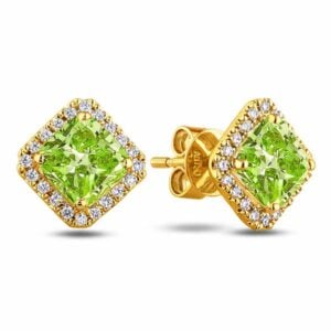 Peridot and Canadian Diamond Halo Stud Earrings In Yellow Gold