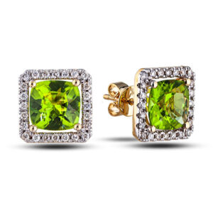 Canadian Diamond and Peridot Halo Stud Earrings in Yellow Gold