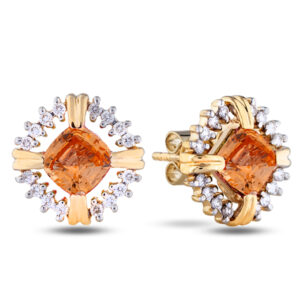 Padparadscha Color Sapphire and Canadian Diamond Halo Stud Earrings In Yellow Gold