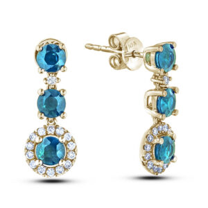 Blue Topaz and Canadian Diamond Three Stone Dangle Earrings in Yellow Gold