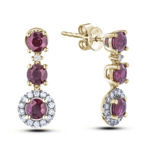 Garnet and Canadian Diamond Three Stone Dangle Earrings in Yellow Gold