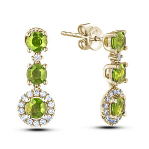 Peridots and Diamond Three Stone Dangle Earrings in Yellow Gold
