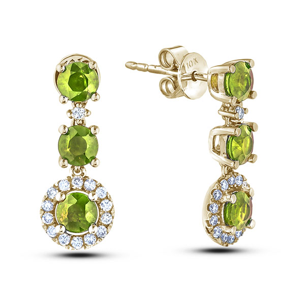 Peridots and Diamond Three Stone Dangle Earrings in Yellow Gold