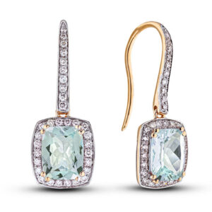 Aquamarine and Canadian Diamond Halo Hook Dangle Earrings in Yellow Gold