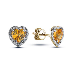 Padparadscha Color Orange Sapphire and Canadian Diamond Halo Heart Stud Earrings In Yellow Gold