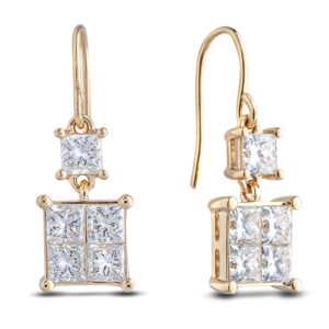Princess Cut De Beers Forevermark Diamond Dangle Hook Earrings in 18K Yellow Gold