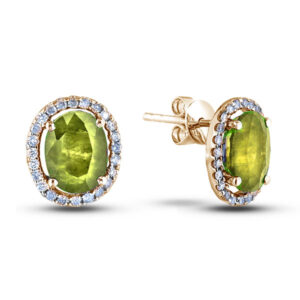 Oval Cut Peridots and Canadian Diamond Halo Earrings in Yellow Gold