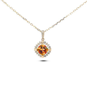 Padparadscha Color Orange Sapphire and Diamond Halo Pendant in 14K Yellow Gold