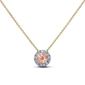 Padparadscha Color Peach Sapphire and Diamond Halo Pendant in Yellow Gold