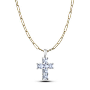Diamond Cross Necklace with Paperclip Chain in 18K White and Yellow Gold