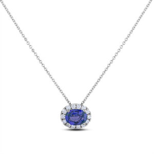 Oval Ceylon Sapphire and Diamond Halo Pendant in 18K White Gold