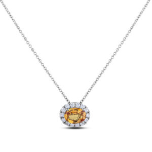 Oval Ceylon Yellow Sapphire and Diamond Halo Pendant in 18K White Gold