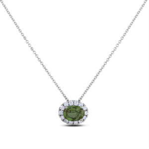 Oval Green Sapphire and Diamond Halo Pendant in 18K White Gold