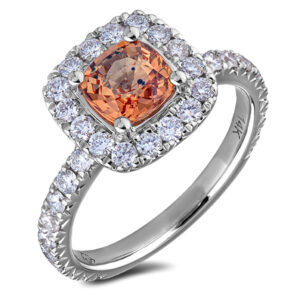 Cushion Cut Padparadscha Color Orange Sapphire and Diamond Halo Ring in 14K White Gold