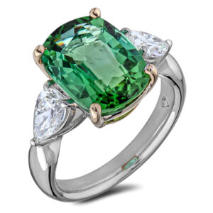 Afghanistan Tourmaline & GIA Certified Diamond Trilogy Ring in 14K White and Yellow Gold