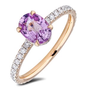 Pink Sapphire and Canadian Diamond Hidden Halo Ring in Yellow Gold