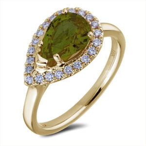 Pear Shape Green Sapphire and Canadian Diamond East West Halo Ring in 14K Yellow Gold