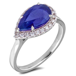 Pear Shape Ceylon Sapphire and Diamond East West Halo Ring in 18K White Gold