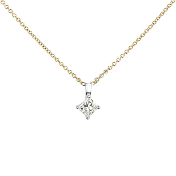 Princess Cut Canadian Diamond Solitaire Pendant in White and Yellow Gold
