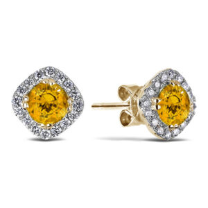 Canadian Diamond and Yellow Sapphire Halo Stud Earrings in Yellow Gold