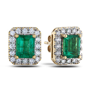 Emerald and Canadian Diamond Halo Stud Earrings in 18K Yellow Gold | 2.60 CTW