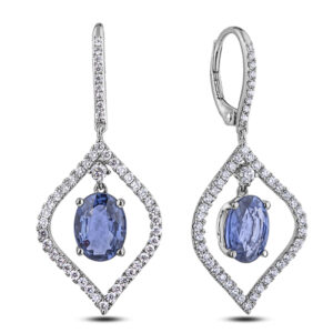 Ceylon Sapphire and Diamond Drop Dangle Earrings in 14K White Gold