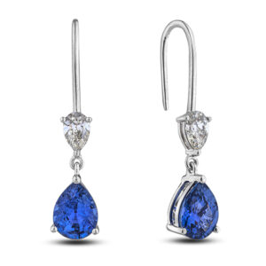 Pear Shape Diamond and Ceylon Sapphire Drop Earrings in 14K Gold